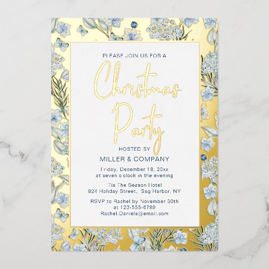Blauwe vlinderbloemigen voor kerstfeestdagen folie uitnodiging (Voorkant)