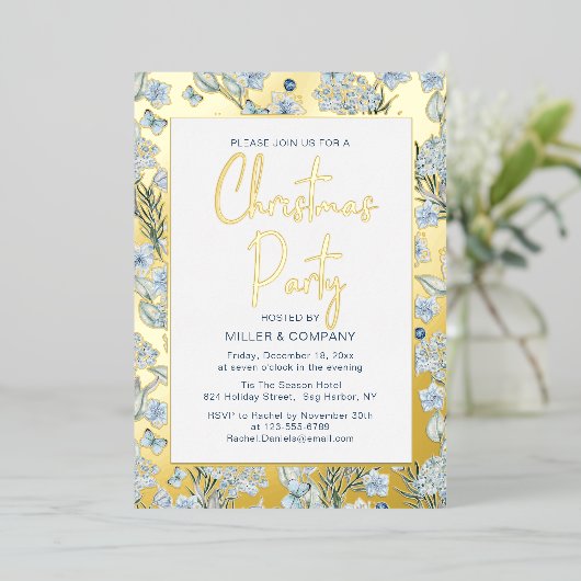 Blauwe vlinderbloemigen voor kerstfeestdagen folie uitnodiging (Staand Voorkant)