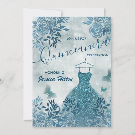 Blauwe vlinderbloemjurk Quinceañera Kaart (Voorkant)
