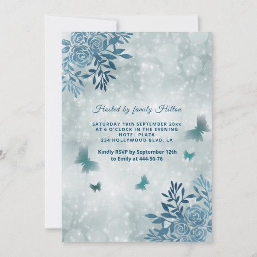 Blauwe vlinderbloemjurk Quinceañera Kaart (Achterkant)