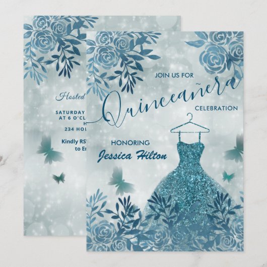 Blauwe vlinderbloemjurk Quinceañera Kaart (Voorkant / Achterkant)