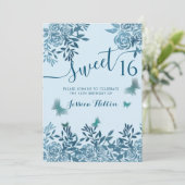 Blauwe vlinderbloemtuin, zoet zestien Invitat Kaart (Staand voorkant)