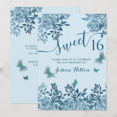 Blauwe vlinderbloemtuin, zoet zestien Invitat Kaart (Voorkant / Achterkant)