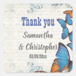 Blauwe  vlinderbruiloft bedankt vierkante sticker