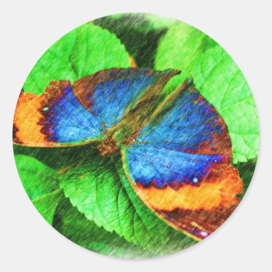 Blauwe vlinderpotlood ronde sticker (Voorkant)