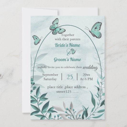 Blauwe vlinders bladeren bloemenbruiloft kaart (Voorkant)