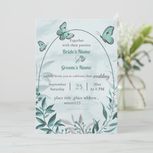Blauwe vlinders bladeren bloemenbruiloft kaart (Staand voorkant)