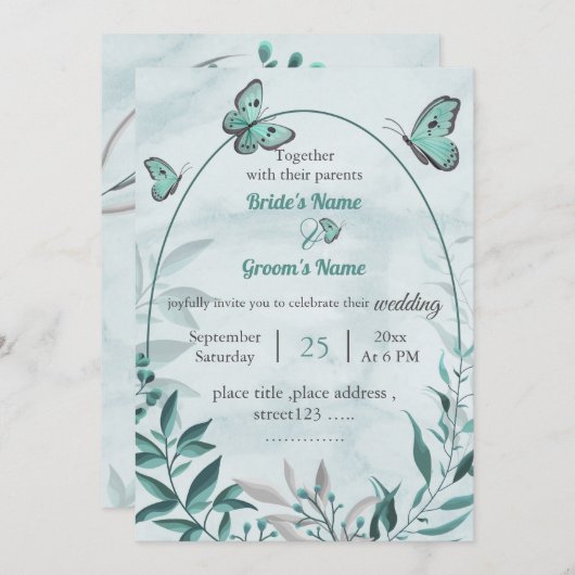 Blauwe vlinders bladeren bloemenbruiloft kaart (Voorkant / Achterkant)