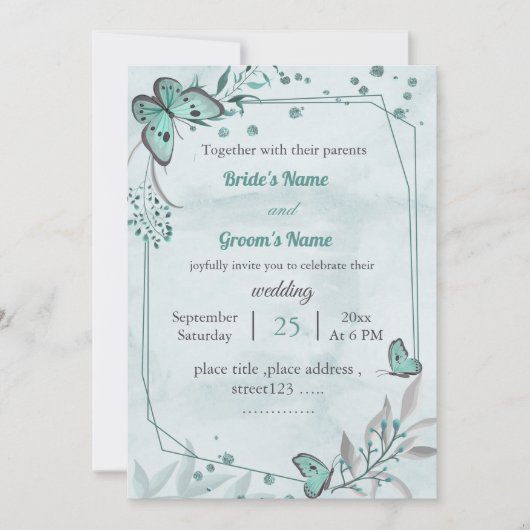 Blauwe vlinders bladeren bloemengeometrische bruil kaart (Voorkant)