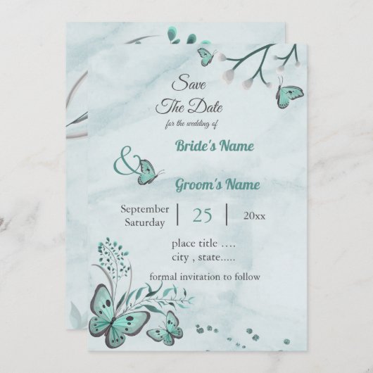 blauwe vlinders blauw bloem behalve datum kaart (Voorkant / Achterkant)