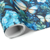 Blauwe vlinders en blauwe bloemen cadeaupapier (Rol Hoek)