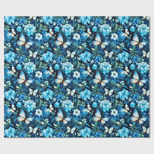 Blauwe vlinders en blauwe bloemen cadeaupapier (Vlak)