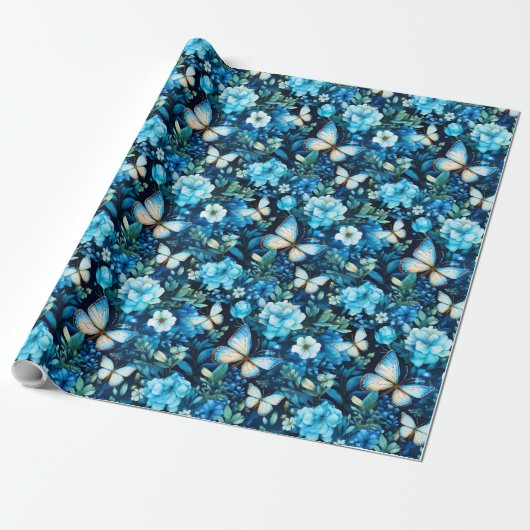 Blauwe vlinders en blauwe bloemen cadeaupapier (Uitgerold)