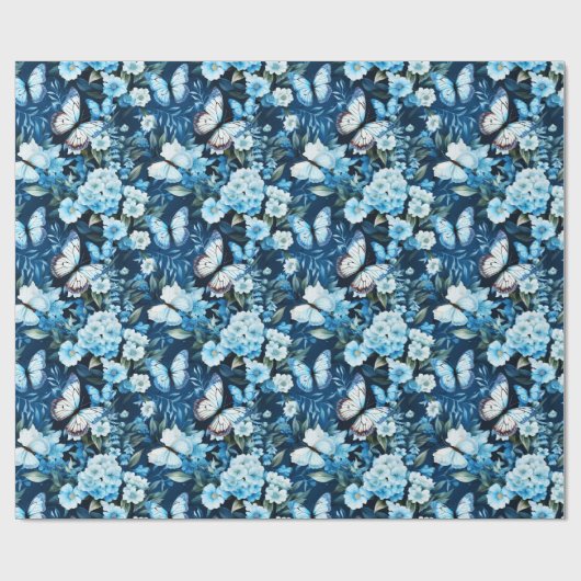 Blauwe vlinders en blauwe bloemen cadeaupapier (Vlak)