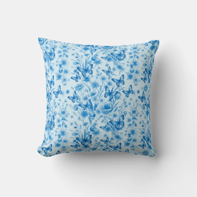 Blauwe Vlinders en Bloemen Kussen (Voorkant)