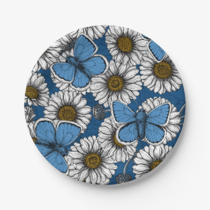 Blauwe vlinders en melkbloemen papieren bordje