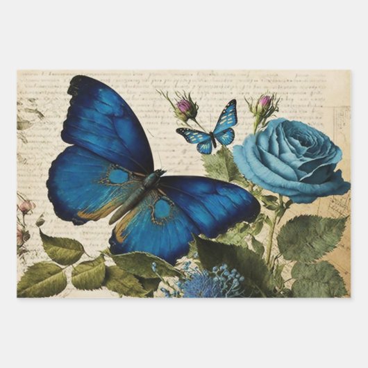 blauwe vlinders en ontkoppeling van Rozen Inpakpapier Vel (Voorkant)