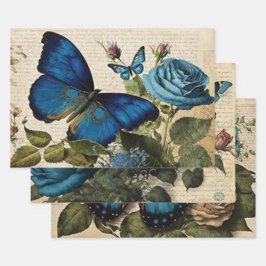 blauwe vlinders en ontkoppeling van Rozen Inpakpapier Vel (Set)