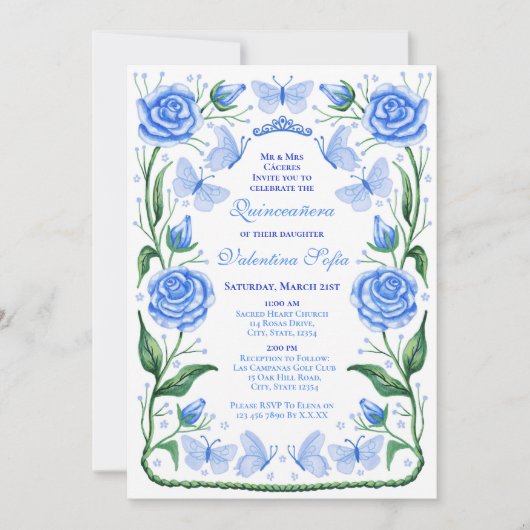 Blauwe vlinders en Rozen Princess Quinceanera Kaart (Voorkant)
