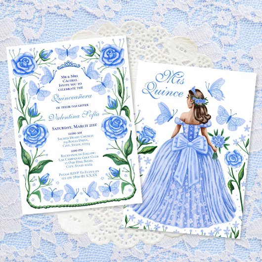 Blauwe vlinders en Rozen Princess Quinceanera Kaart