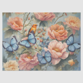 Blauwe Vlinders en Vogel in een Bloementuin Tissuepapier