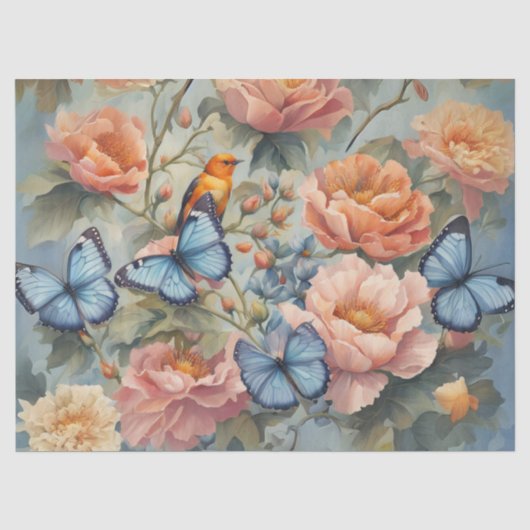 Blauwe Vlinders en Vogel in een Bloementuin  Tissuepapier (Voorkant)