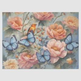 Blauwe vlinders en vogels in een bloementuin tissuepapier