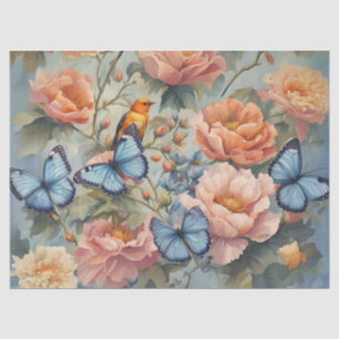 Blauwe vlinders en vogels in een bloementuin tissuepapier