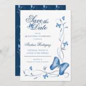 Blauwe vlinders en zwembroeken sparen de Datum Save The Date (Voorkant / Achterkant)
