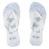 Blauwe vlinders glinsteren witte naam monogram teenslippers (Voetbed)