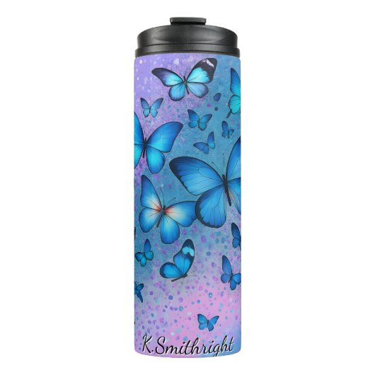 Blauwe vlinders Glitter Ombre Swirl Thermosbeker (Voorkant)