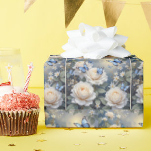 Blauwe Vlinders in een Witte Rozen Tuin Cadeaupapier