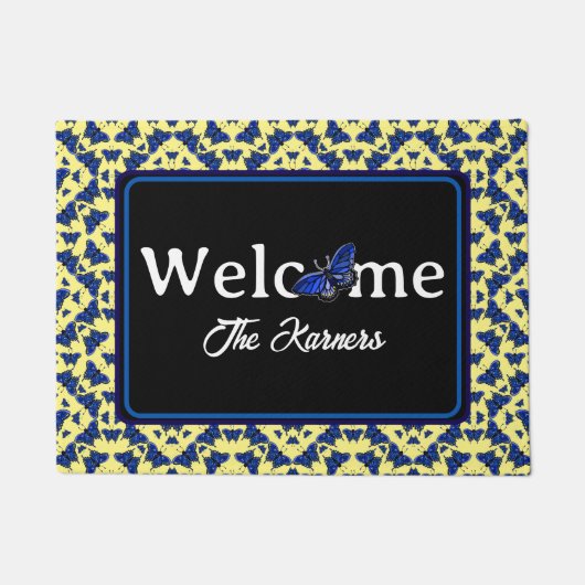 Blauwe Vlinders in Leuk Speels Patroon op Geel Deurmat (Voorkant)