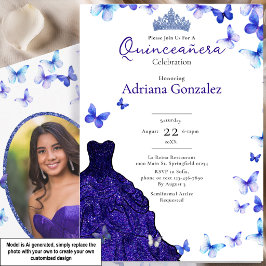 Blauwe Vlinders Jurk Tiara Foto Quinceanera Kaart