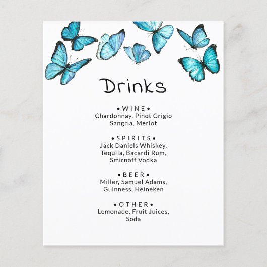 Blauwe vlinders. Menu Whimsical-Drinken (Voorkant)