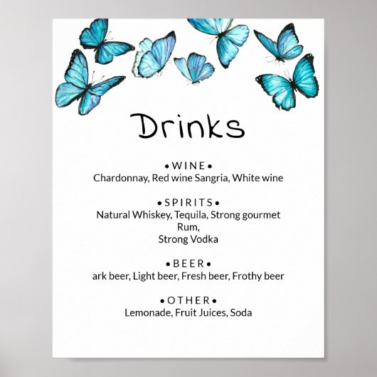 Blauwe vlinders. Menu Whimsical-Drinken Poster (Voorkant)