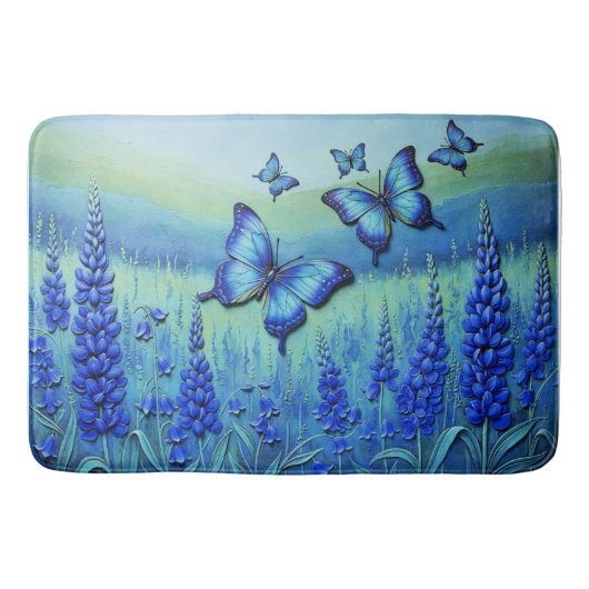 Blauwe Vlinders met Blauwe Bloemen, Badmat (Voorkant)