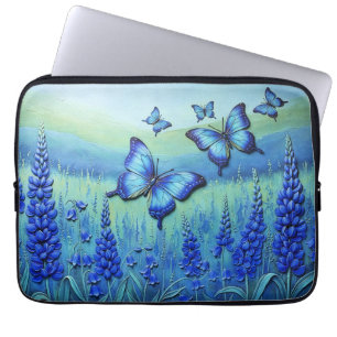 Blauwe Vlinders met Blauwe Bloemen, Laptop Sleeve