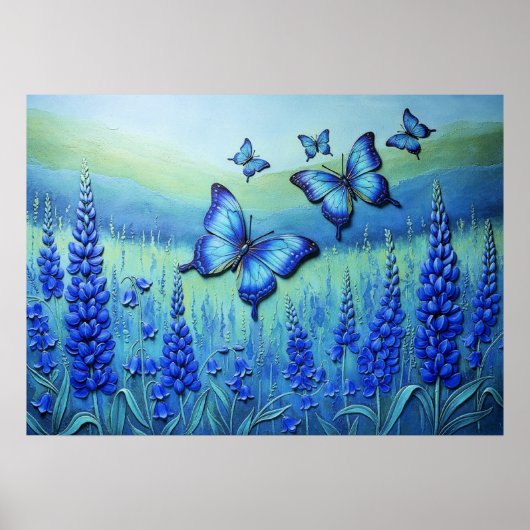 Blauwe Vlinders met Blauwe Bloemen, Poster (Voorkant)