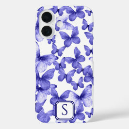 Blauwe Vlinders Modern Elegant Custom Monogram iPhone 16 Hoesje