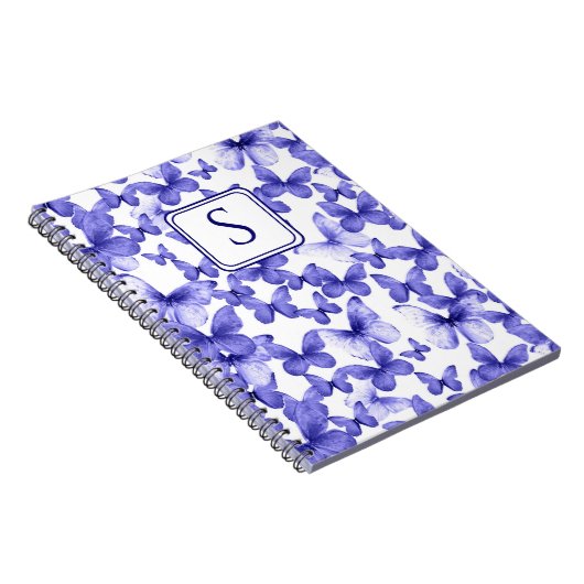 Blauwe Vlinders Modern Elegant Custom Monogram Notitieboek (Rechterzijde)