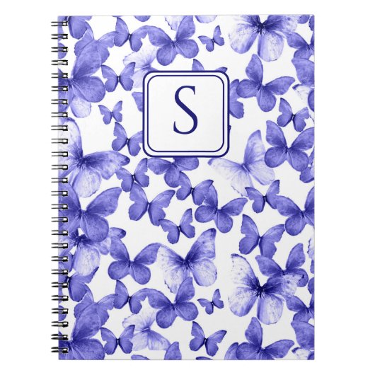 Blauwe Vlinders Modern Elegant Custom Monogram Notitieboek (Voorkant)