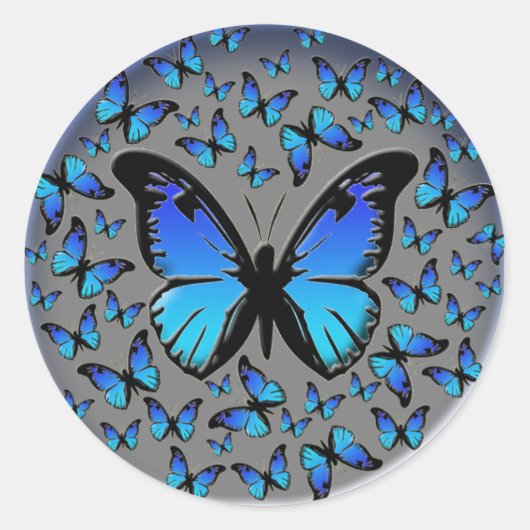 Blauwe vlinders op een zilveren achtergrond ronde sticker (Voorkant)