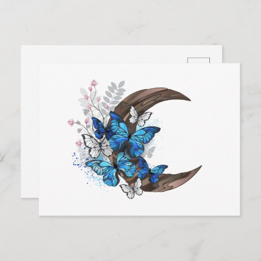 Blauwe vlinders op houten halve maan briefkaart (Voorkant / Achterkant)