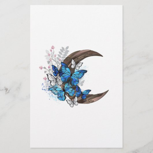Blauwe vlinders op houten halve maan briefpapier (Voorkant)
