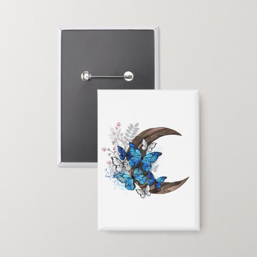 Blauwe vlinders op houten halve maan button (Voorkant / Achterkant)