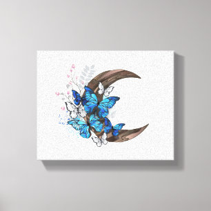 Blauwe vlinders op houten halve maan canvas afdruk