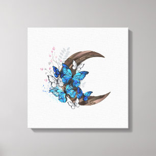 Blauwe vlinders op houten halve maan canvas afdruk