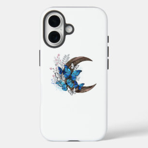 Blauwe vlinders op houten halve maan iPhone 16 hoesje