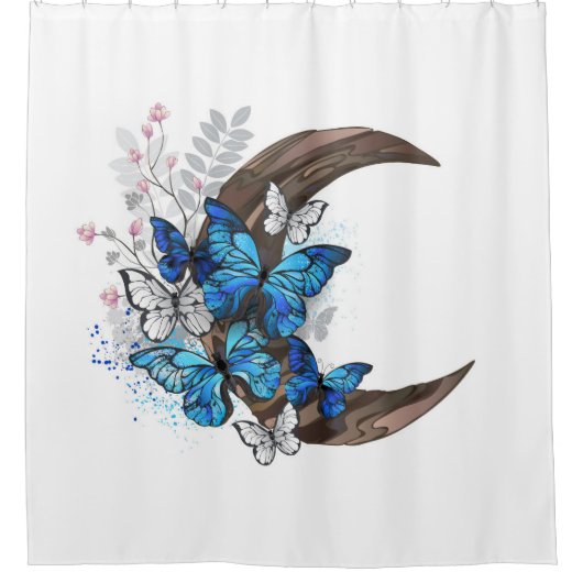 Blauwe vlinders op houten halve maan douchegordijn (Voorkant)